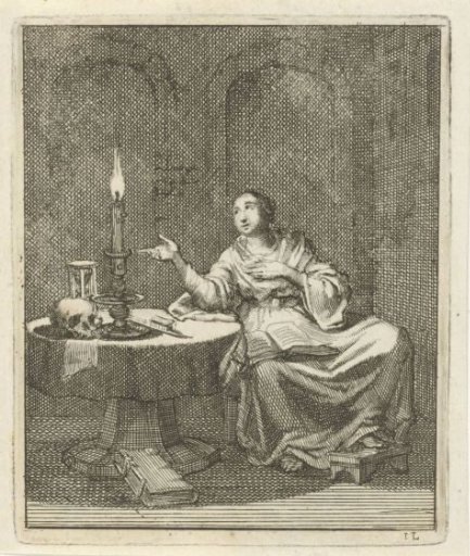 Woman seated at a table with a burning candle, hourglass and a skull