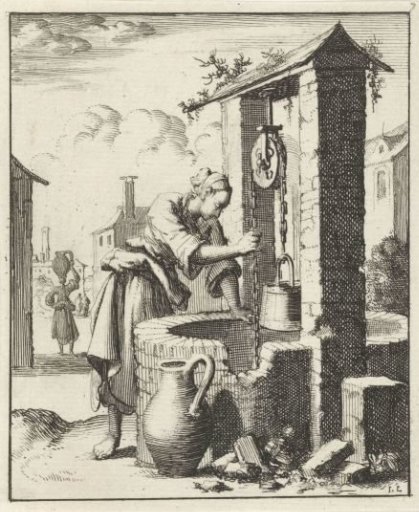 Woman drawing water from a well with a bucket