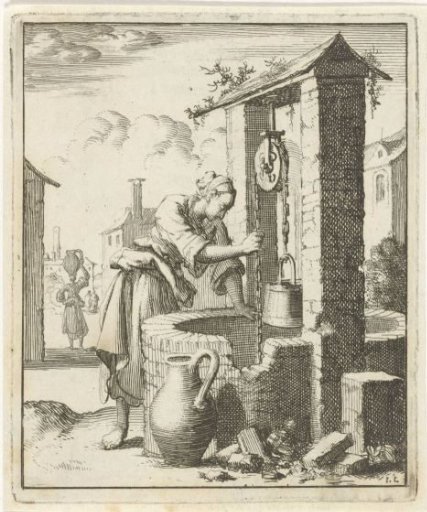 Woman drawing water from a well with a bucket