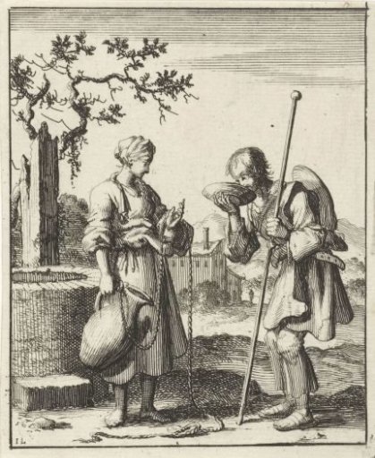 Woman giving a pilgrim water to drink from a jug