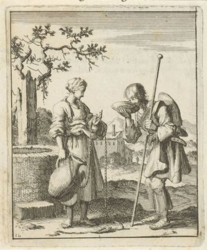 Woman giving a pilgrim water to drink from a jug