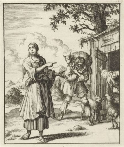 Woman pointing to the found sheep that is being carried on a man's shoulders to the stable