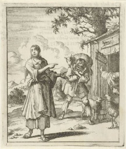 Woman pointing to the found sheep that is being carried on a man's shoulders to the stable