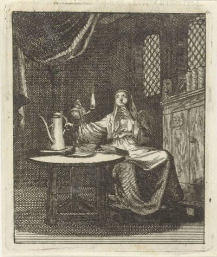 Woman beholding the flame from an oil lamp