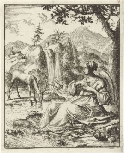 On the bank of a stream a woman beholds a drinking deer