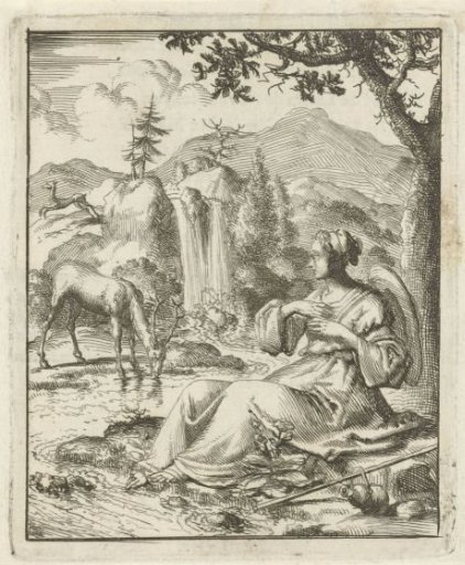 On the bank of a stream a woman beholds a drinking deer
