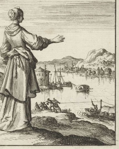 Woman looking out over a bay where a ship is being towed by a group of men