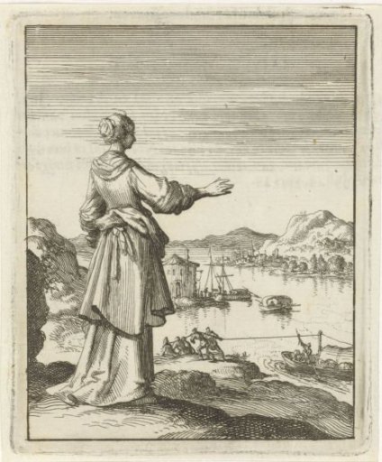 Woman looking out over a bay where a boat is being towed by a group of men