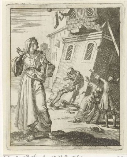 Woman looking back at a building collapsing because Death is leaning against it