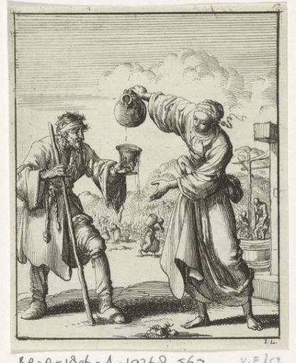 Woman pouring wine for a beggar