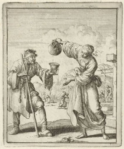Woman pouring wine for a beggar