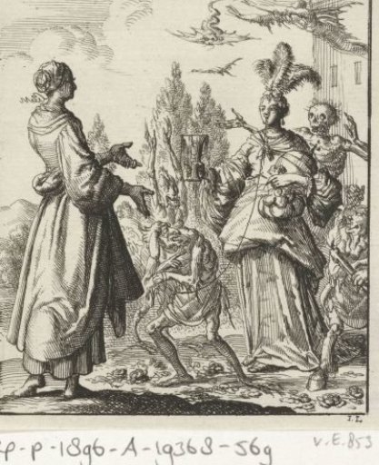 Woman pointing at a richly dressed woman who is led by Sin on a cord and surrounded by Death and Satan