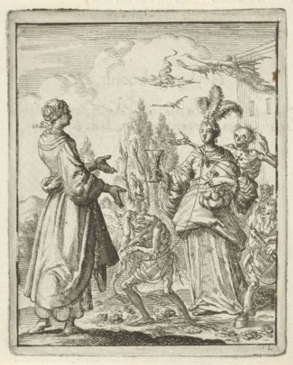 Woman pointing at a richly dressed woman who is led by Sin on a cord and surrounded by Death and Satan