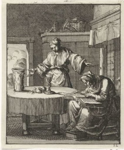 Woman standing at a table where an old woman studies the Bible