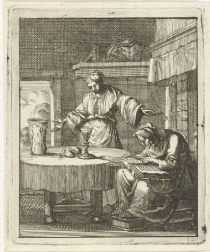 Woman standing at a table where an old woman studies the Bible