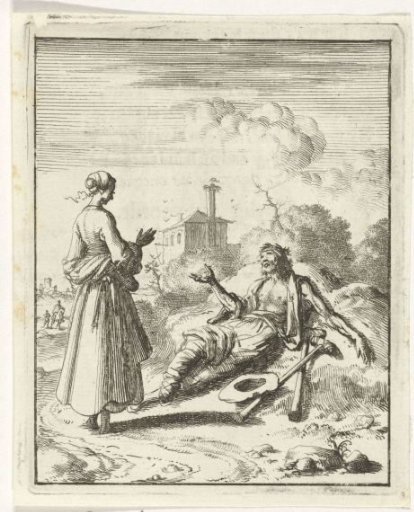 Woman addresses a beggar waking from sleep on the way