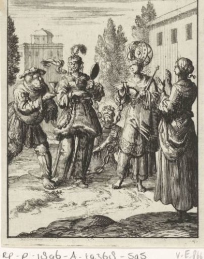 Woman beholding a richly dressed lady who is chained to the World, Lust and the Devil