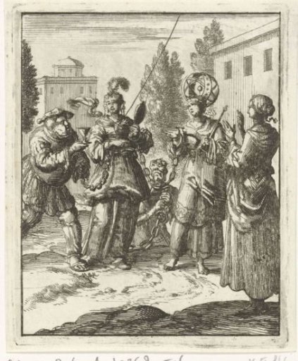 Woman beholding a richly dressed lady who is chained to the World, Lust and the Devil