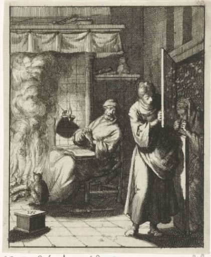 Woman opening the door for a figure standing outside in a snow shower