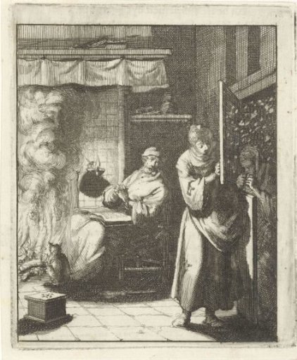 Woman opening the door for a figure standing outside in a snow shower