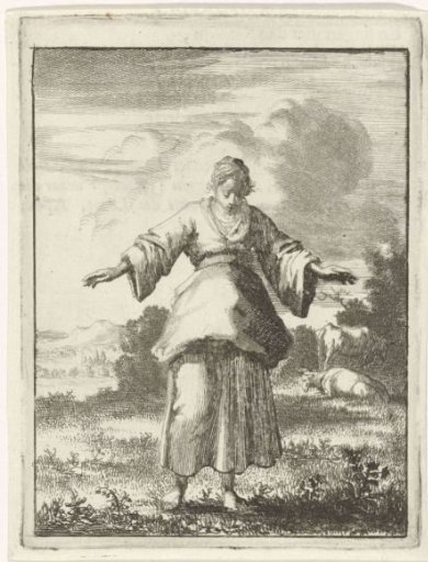 Woman looking wonderingly at the grass under her feet