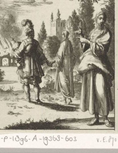 Woman pointing at the Soul and the Flesh walking hand in hand