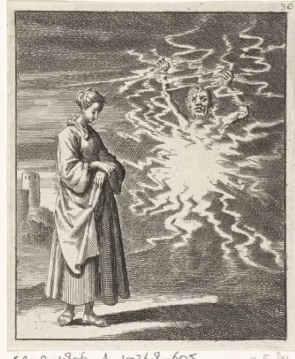 Woman walking calmly past Satan enveloped in flames