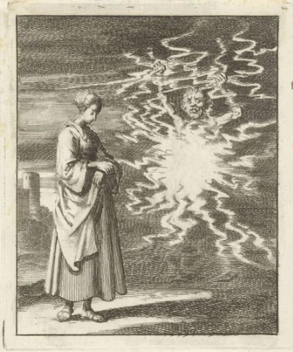Woman walking calmly past Satan enveloped in flames