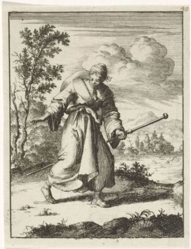 Woman in pilgrim's garb looking at her own footprints
