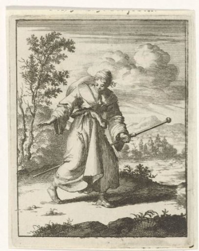 Woman in pilgrim's garb looking at her own footprints