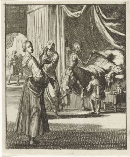 Woman pointing to Death who makes a figure on his deathbed drink a cup dry