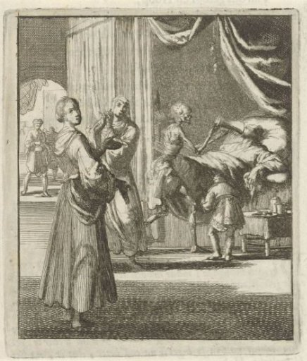 Woman pointing to Death who makes a figure on his deathbed drink a cup dry