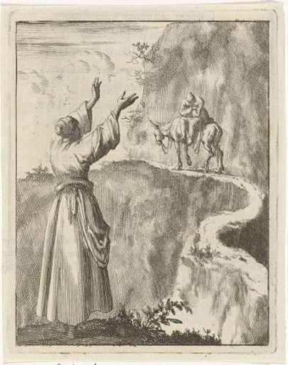 Woman looking startled at a sleeping man who is climbing a narrow mountain path on a donkey