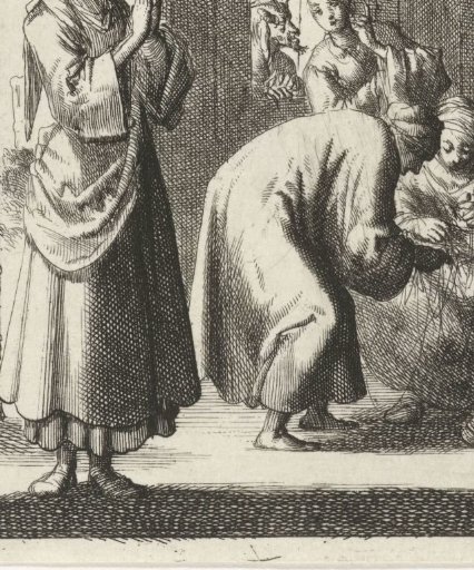 Women praying and spinning in an interior; at the window Satan whispers something into the ear of a fourth woman