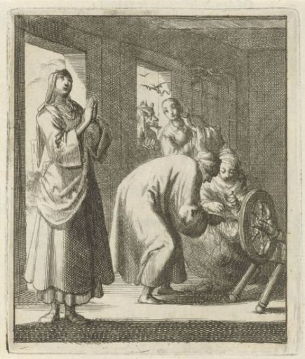 Women praying and spinning in an interior; at the window Satan whispers something into the ear of a fourth woman