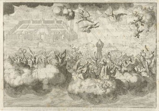 The Heavenly Jerusalem with praising angels and the saved