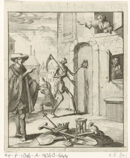 Scribe Willem Sluiter points to various objects and to a house where a woman is startled by Death knocking at the door