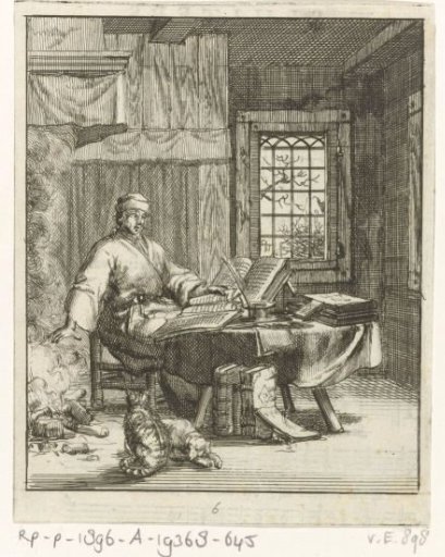 Scribe Willem Sluiter sits at a table with folios and warms his hands at the fire