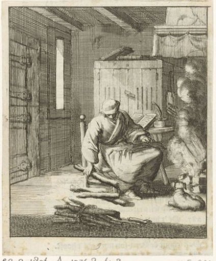 Scribe Willem Sluiter sits on a low chair by the fire and picks up a few pieces of firewood