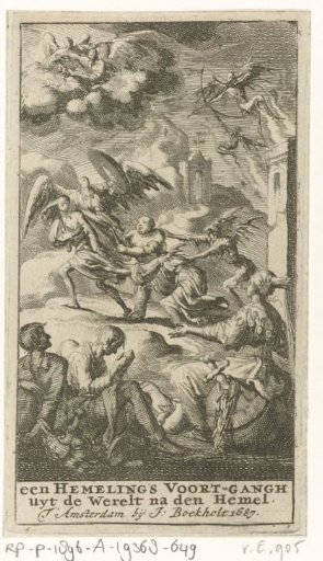 Chosen figure is held back at the heavenly gate by the Flesh and Sin