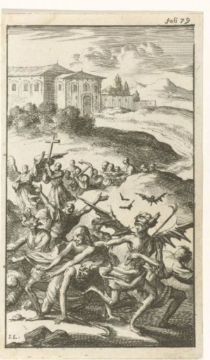 Devils are driven away by an angel with his followers