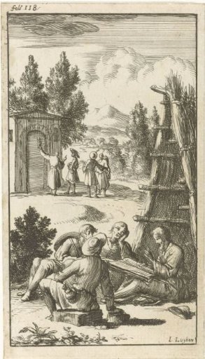 In front of a straw hut a man reads to three pilgrims