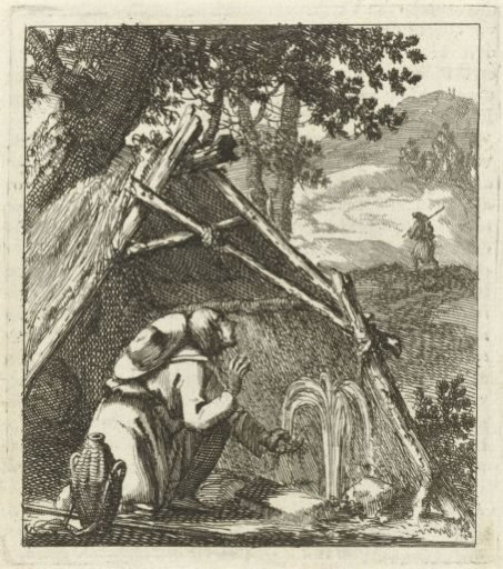 Traveller Refreshing Himself at a Gushing Spring Before a Thatched Hut