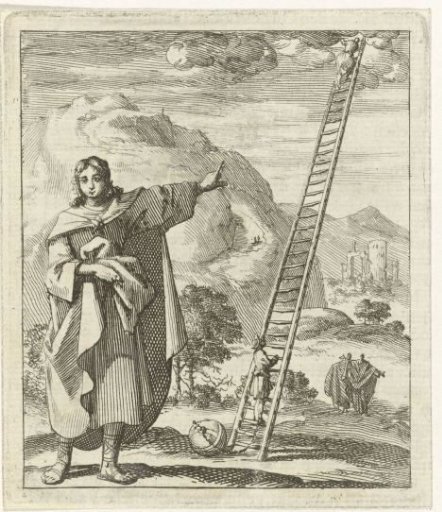 Man Pointing to a Ladder Reaching from Earth to Heaven