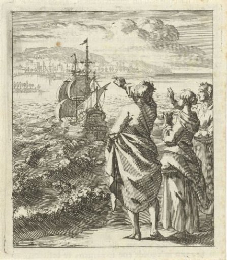 Three Figures Waving Off a Sailing Ship
