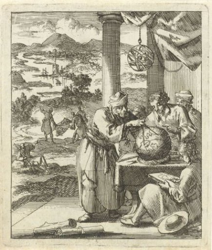 Elderly Man Taking Measurements on a Terrestrial Globe for a Group of Young Figures