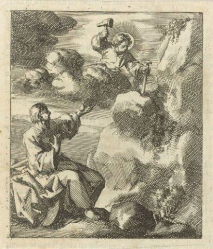 Man Watching Christ Chiselling a Piece of Stone from a Rock with Hammer and Chisel from the Clouds
