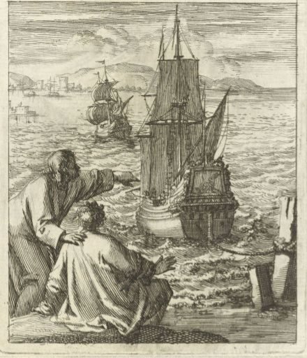 Figures Viewing Two Ships in the Bay from the Quayside