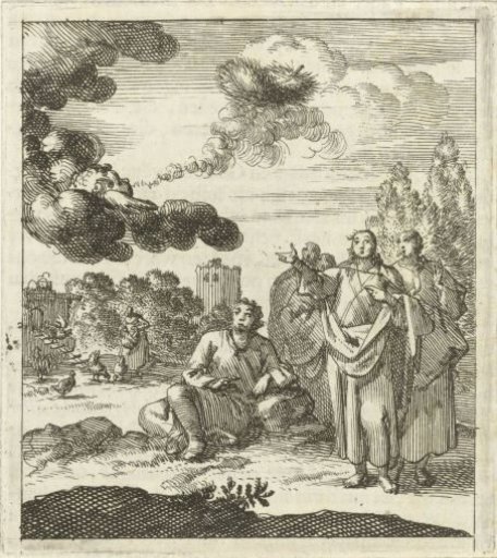 Five figures watch as a cherub blows a feather upwards from a cloud