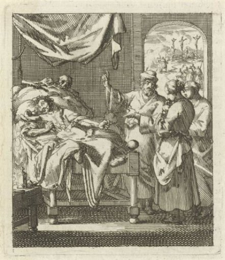 Three persons at a sickbed, behind the sick person Death has appeared